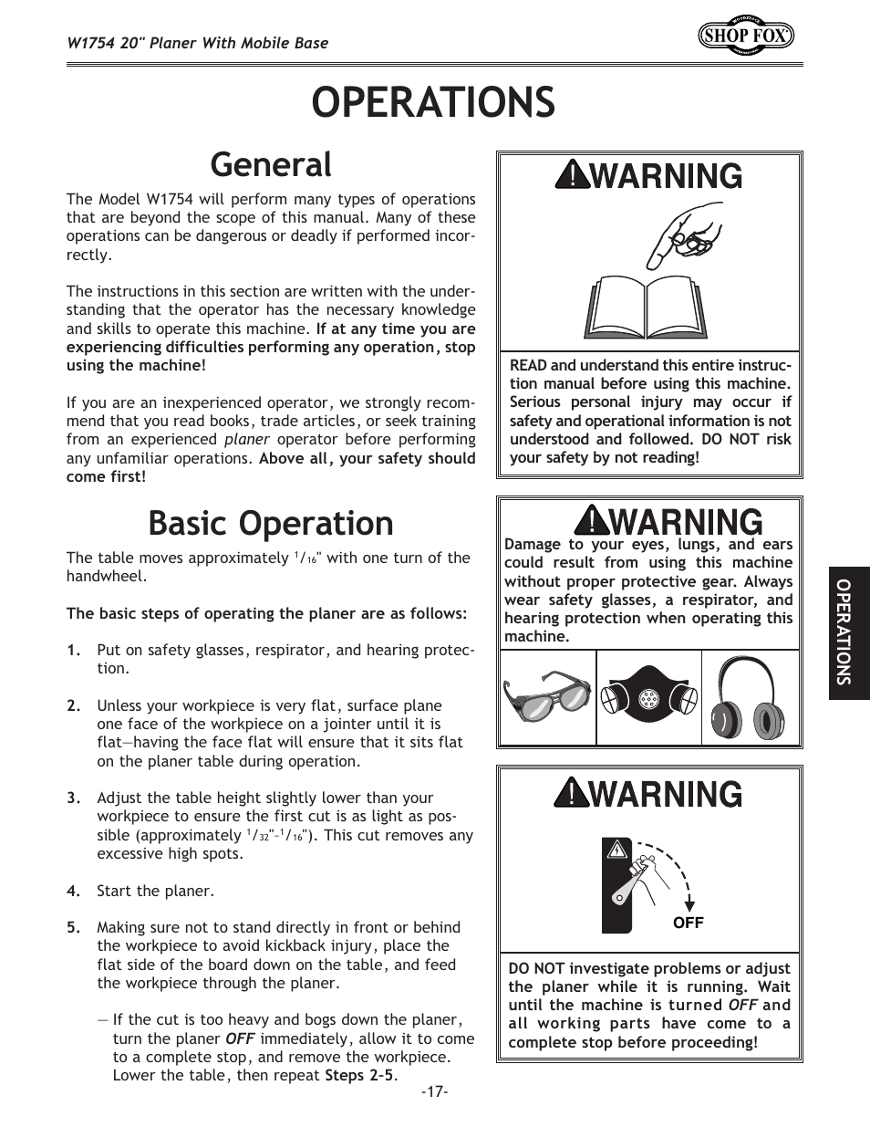 Operations, General, Basic operation | Woodstock SHOP FOX W1754S User Manual | Page 31 / 69