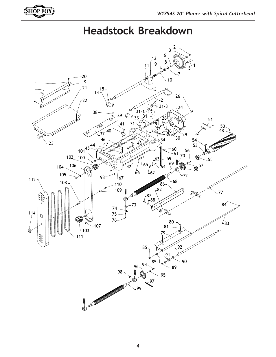 Headstock breakdown | Woodstock SHOP FOX W1754S User Manual | Page 4 / 69