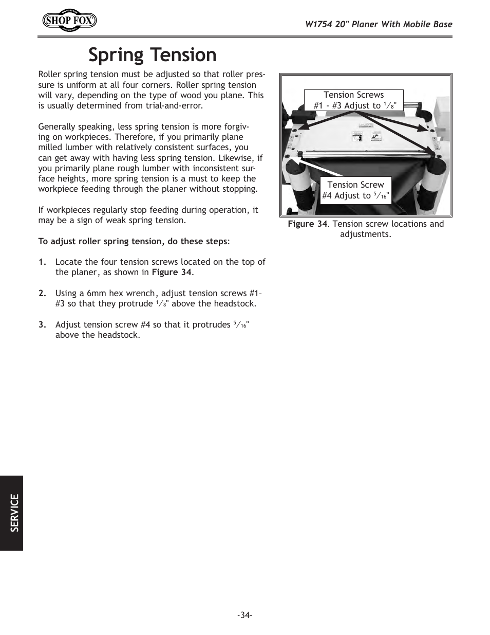 Spring tension, Se rv ic e | Woodstock SHOP FOX W1754S User Manual | Page 48 / 69