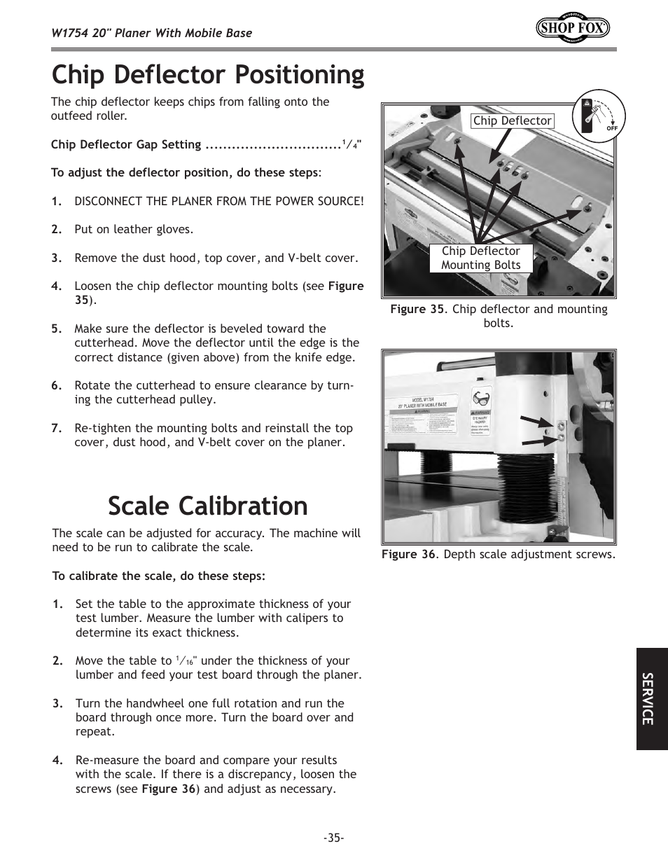 Chip deflector positioning, Scale calibration | Woodstock SHOP FOX W1754S User Manual | Page 49 / 69