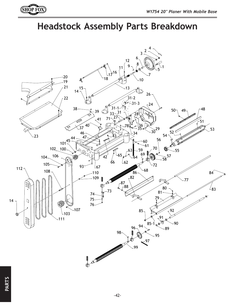 Headstock assembly parts breakdown, Pa rt s | Woodstock SHOP FOX W1754S User Manual | Page 56 / 69