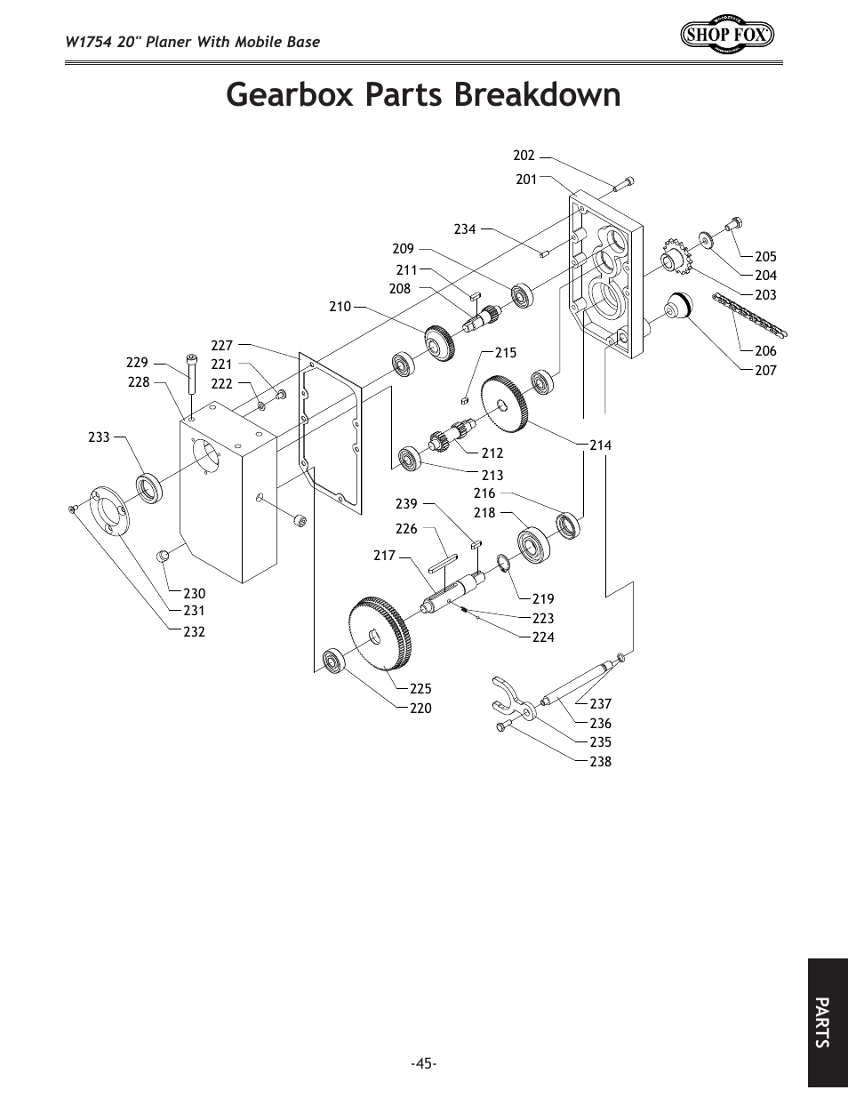 Gearbox parts breakdown, Pa rt s | Woodstock SHOP FOX W1754S User Manual | Page 59 / 69