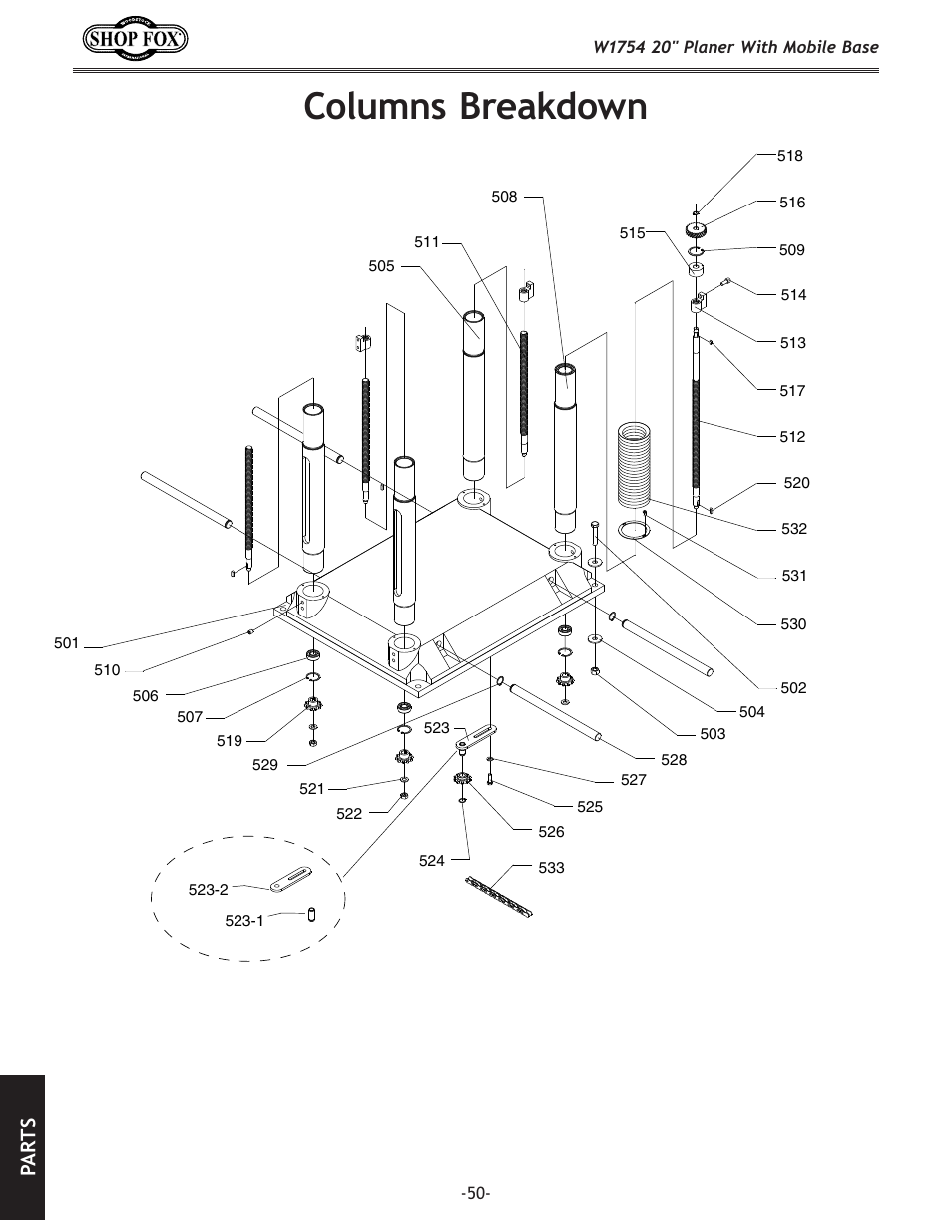 Columns breakdown, Pa rt s | Woodstock SHOP FOX W1754S User Manual | Page 64 / 69