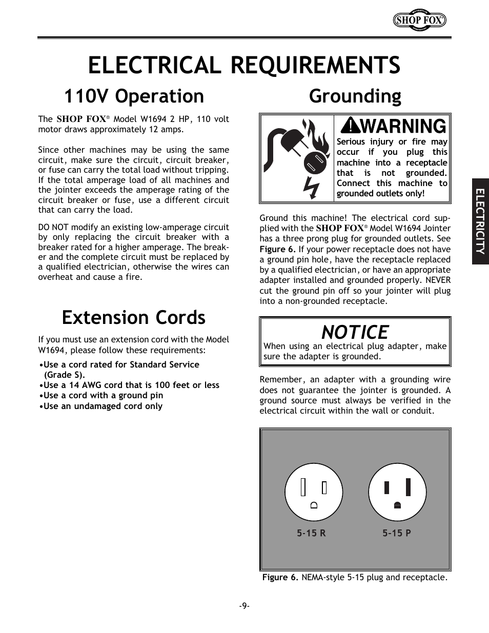 Electrical requirements, Notice, Grounding extension cords 110v operation | Woodstock W1694 User Manual | Page 11 / 44