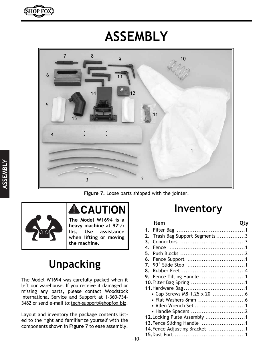 Assembly, Inventory unpacking | Woodstock W1694 User Manual | Page 12 / 44