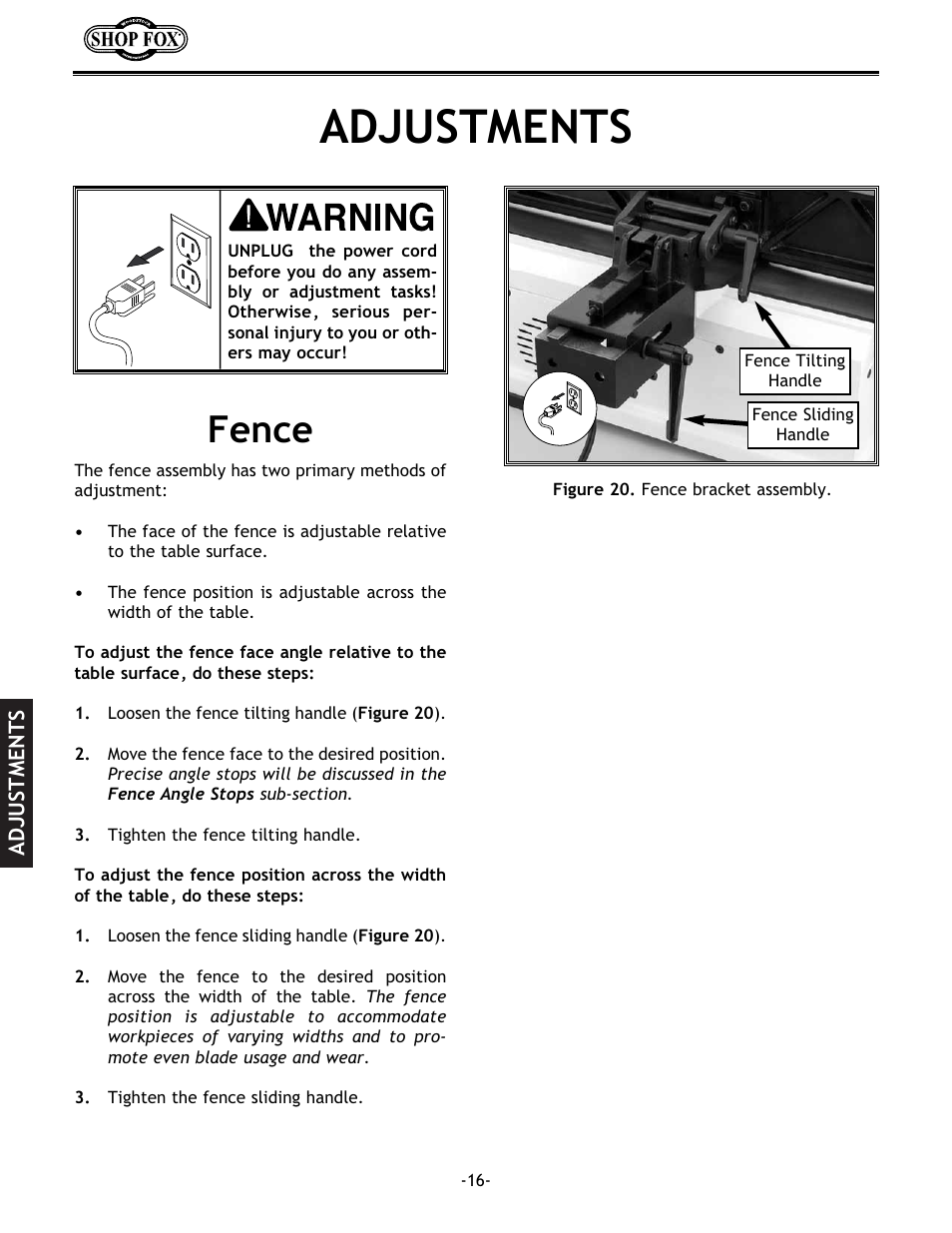 Adjustments, Fence | Woodstock W1694 User Manual | Page 18 / 44