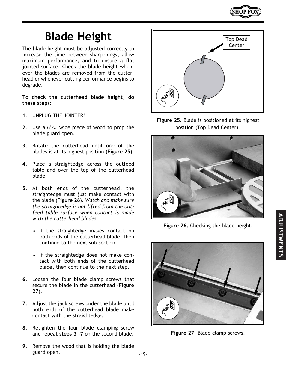 Blade height, Adjustments | Woodstock W1694 User Manual | Page 21 / 44