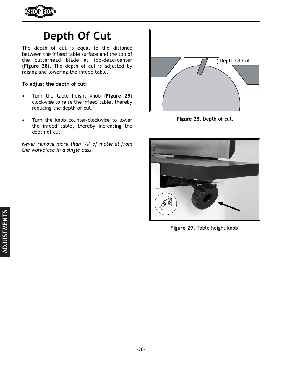 Depth of cut, Adjustments | Woodstock W1694 User Manual | Page 22 / 44