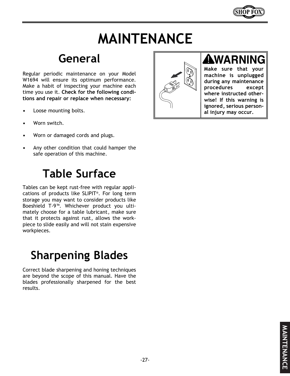 Maintenance, Sharpening blades table surface general | Woodstock W1694 User Manual | Page 29 / 44