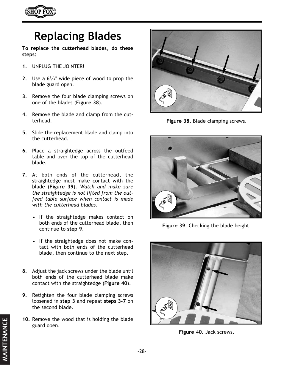 Replacing blades, Maintenance | Woodstock W1694 User Manual | Page 30 / 44