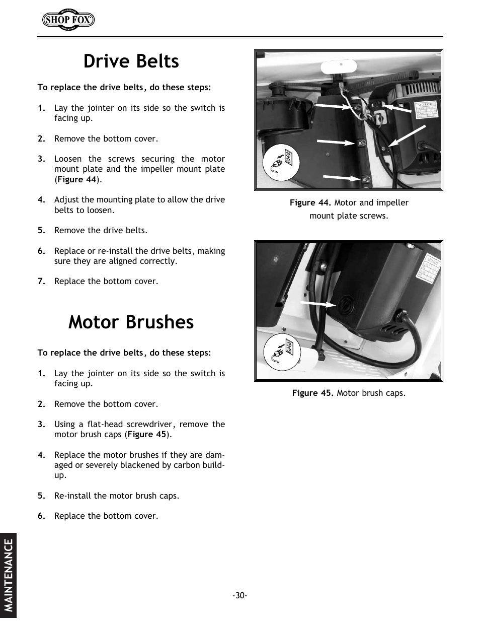 Motor brushes drive belts | Woodstock W1694 User Manual | Page 32 / 44