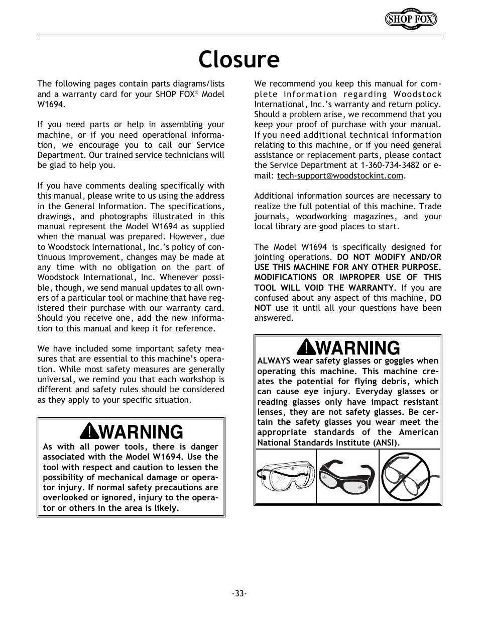 Closure | Woodstock W1694 User Manual | Page 35 / 44