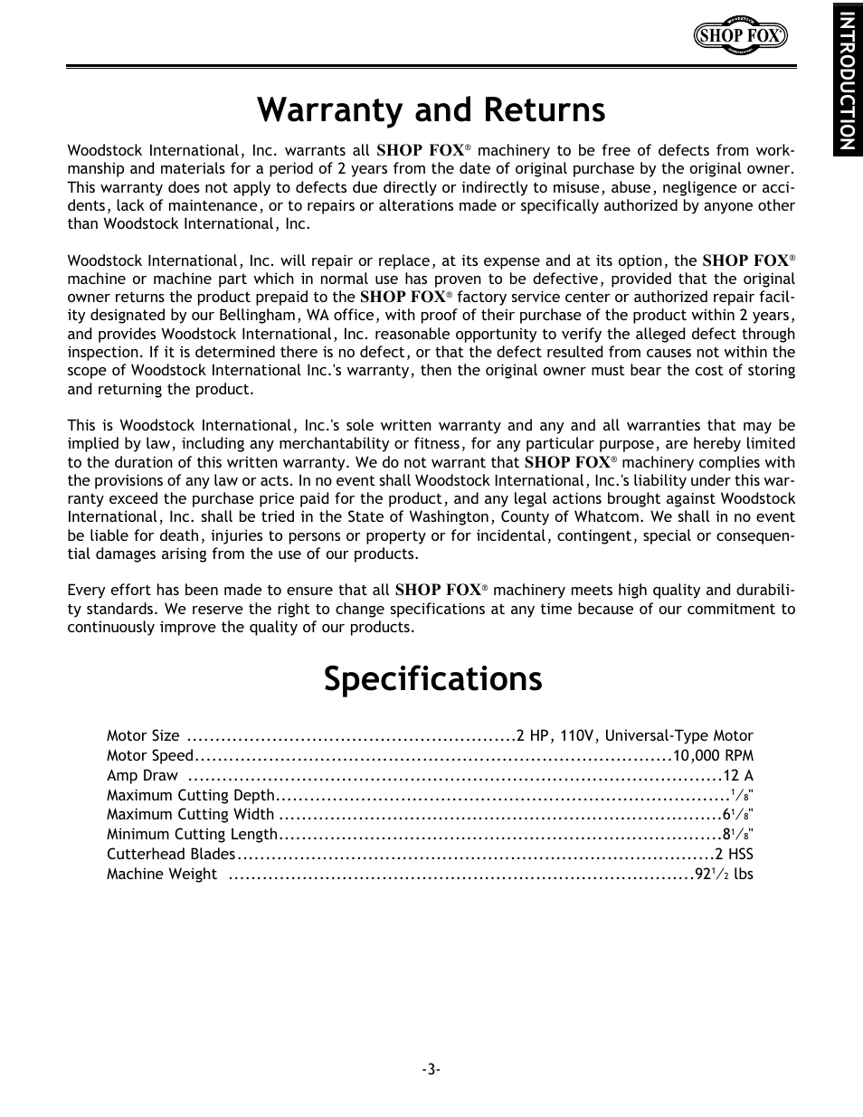Specifications, Warranty and returns, Introduction | Woodstock W1694 User Manual | Page 5 / 44