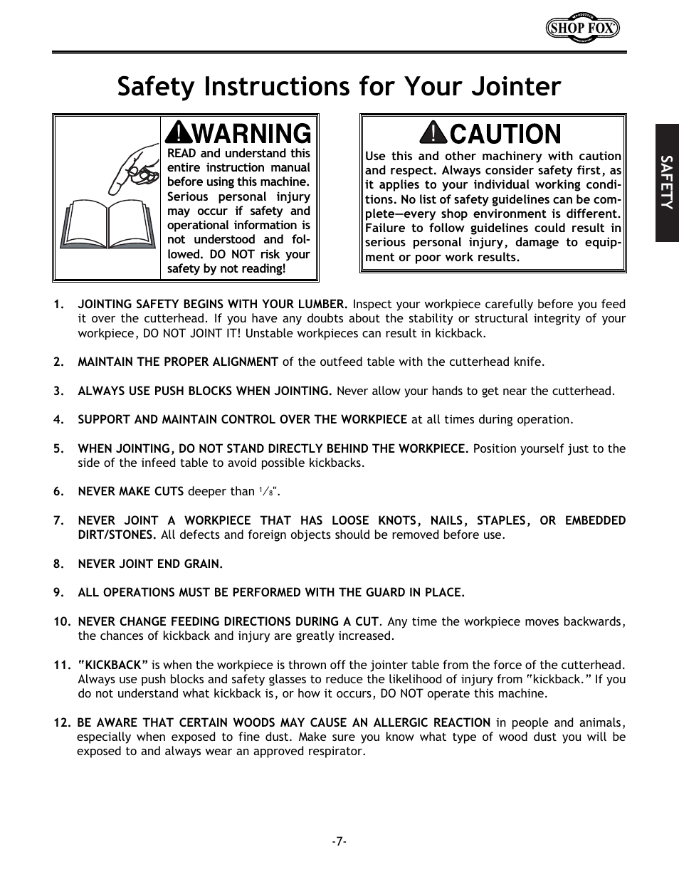 Safety instructions for your jointer, Safety | Woodstock W1694 User Manual | Page 9 / 44