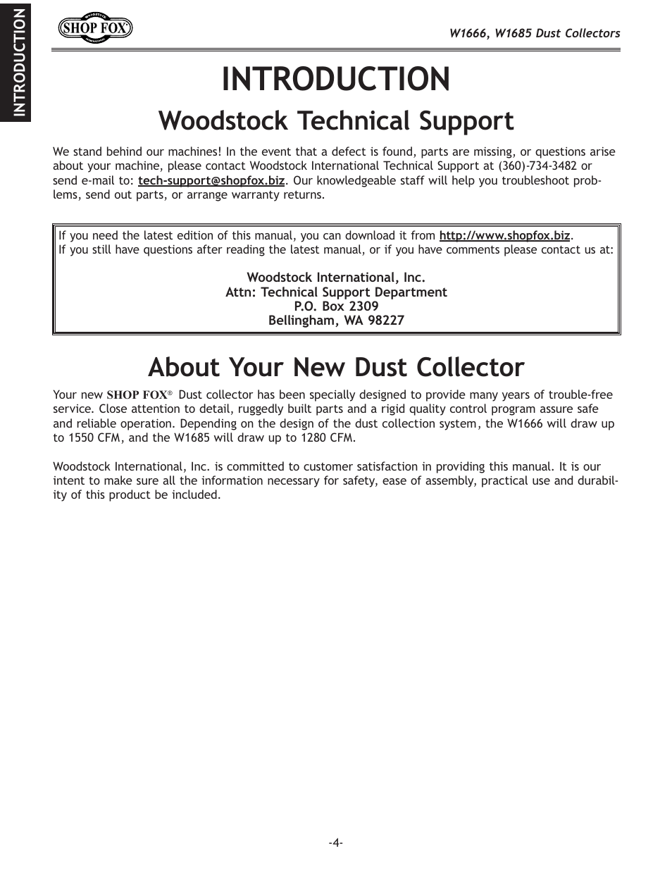 Introduction, Woodstock technical support, About your new dust collector | Woodstock SHOP FOX W1666 User Manual | Page 4 / 32