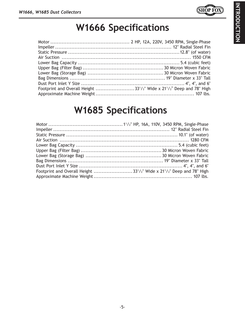 W1666 specifications, W1685 specifications, Introduction | Woodstock SHOP FOX W1666 User Manual | Page 5 / 32