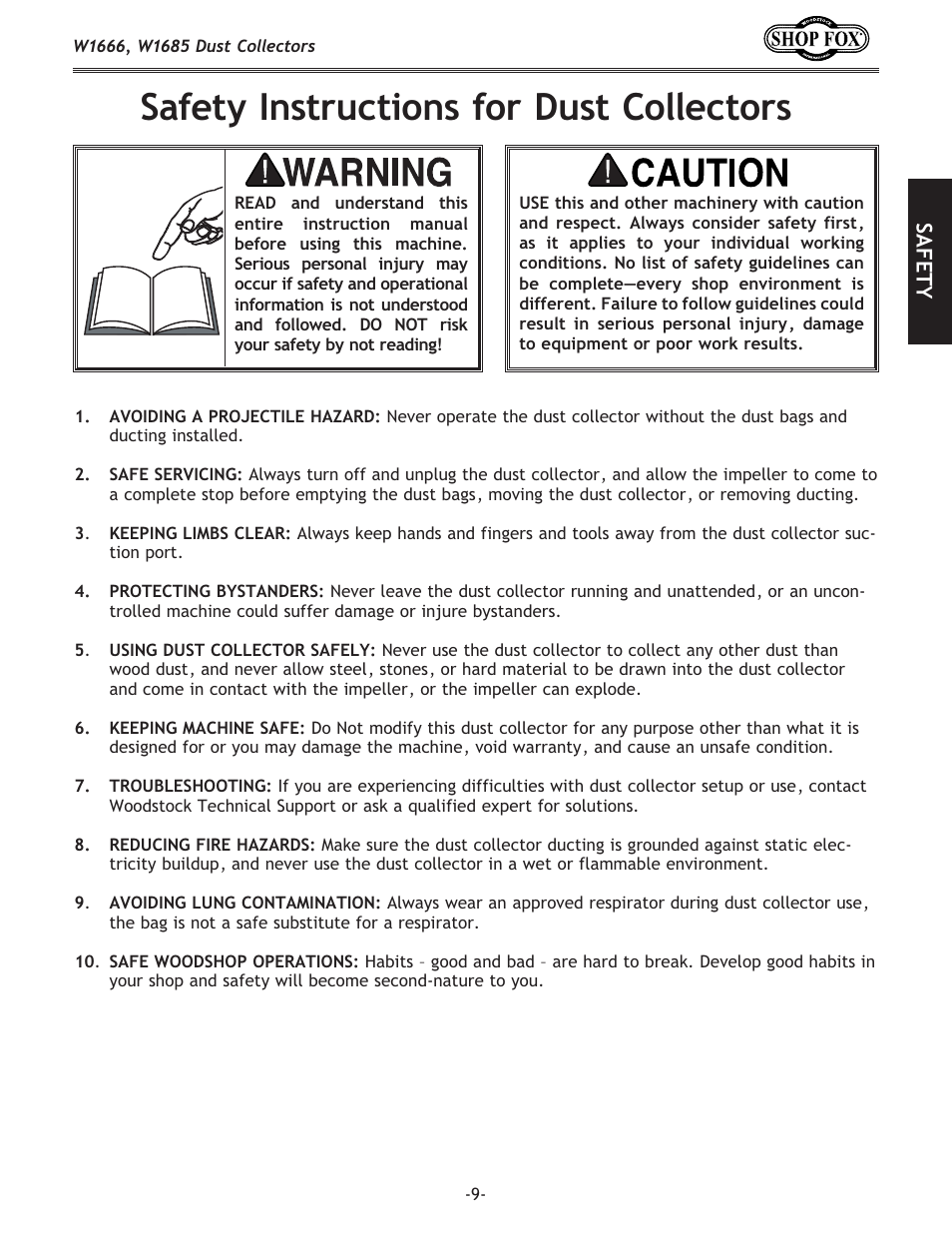 Safety instructions for dust collectors | Woodstock SHOP FOX W1666 User Manual | Page 9 / 32