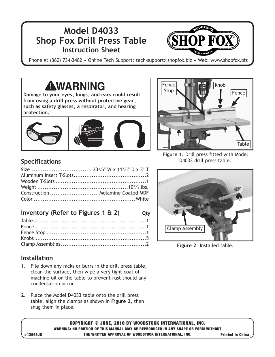 Woodstock SHOP FOX D4033 User Manual | 2 pages