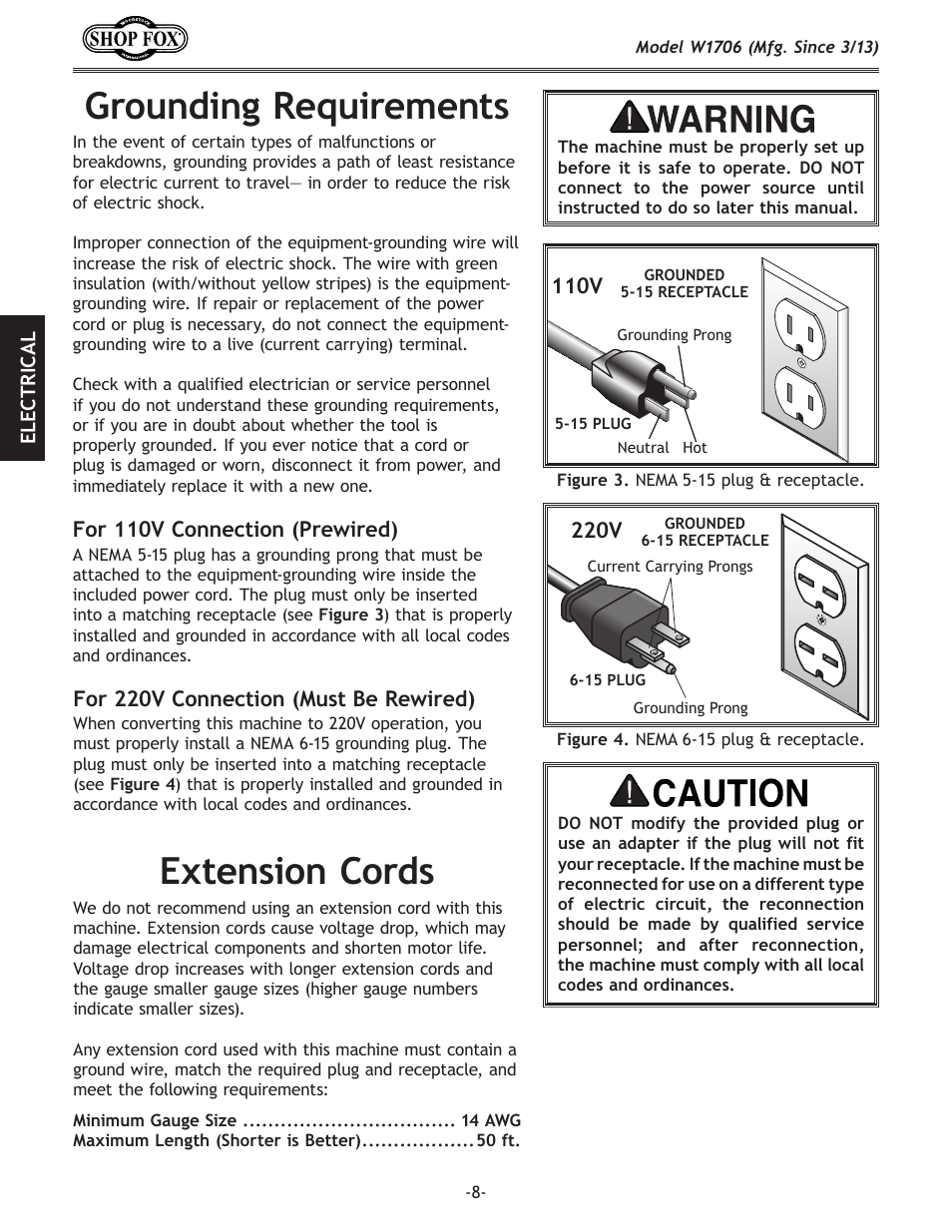 Grounding.requirements extension.cords | Woodstock SHOP FOX W1706 User Manual | Page 10 / 64