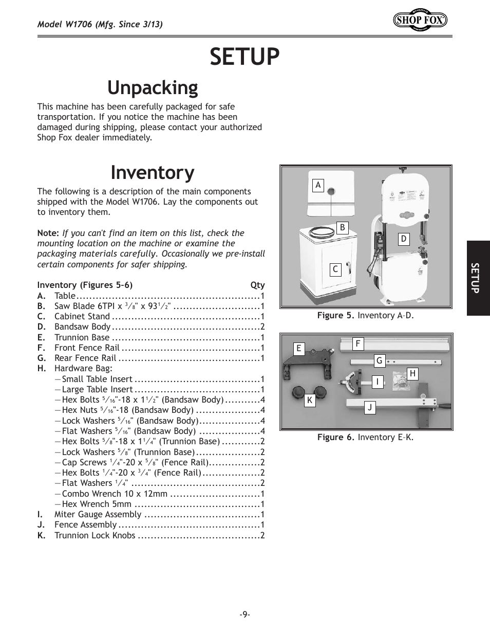 Setup, Unpacking, Inventory | Se tu p | Woodstock SHOP FOX W1706 User Manual | Page 11 / 64