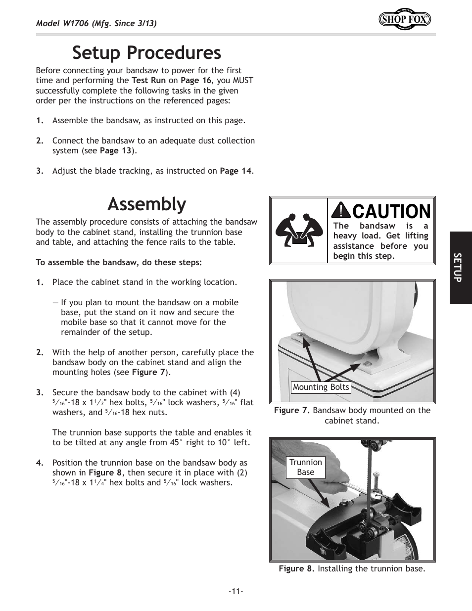 Assembly, Setup.procedures, Se tu p | Woodstock SHOP FOX W1706 User Manual | Page 13 / 64