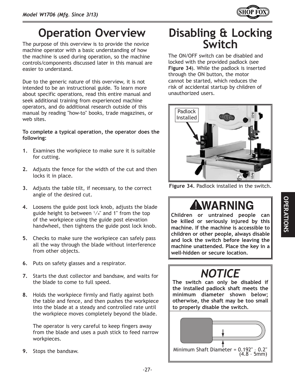 Operation.overview, Disabling.&.locking. switch, Notice | Woodstock SHOP FOX W1706 User Manual | Page 29 / 64