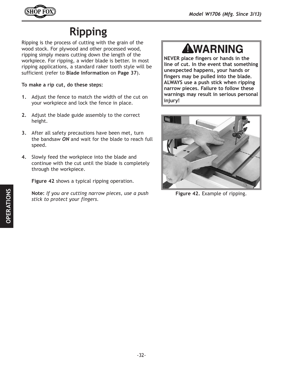 Ripping | Woodstock SHOP FOX W1706 User Manual | Page 34 / 64