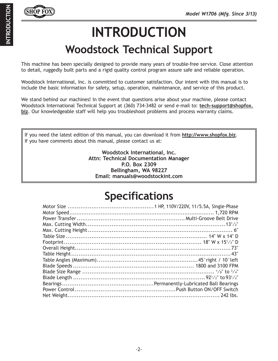 Introduction, Woodstock.technical.support, Specifications | Woodstock SHOP FOX W1706 User Manual | Page 4 / 64