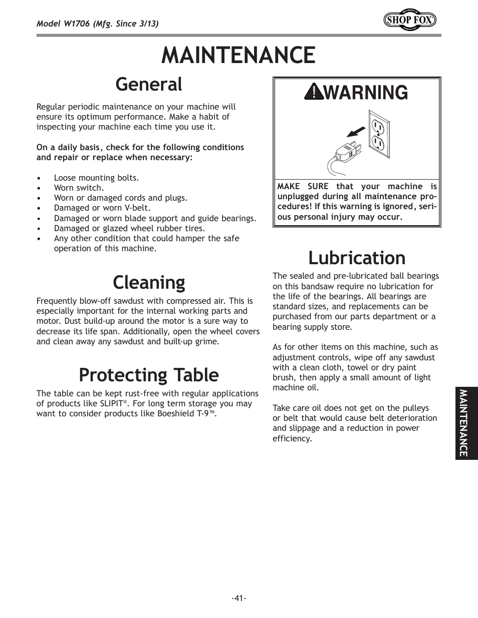 Maintenance, Lubrication, Protecting.table | Cleaning, General | Woodstock SHOP FOX W1706 User Manual | Page 43 / 64