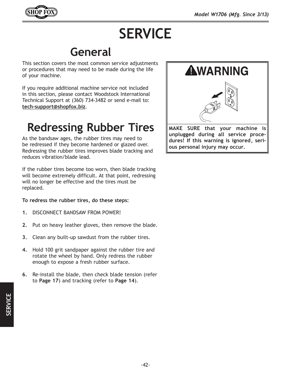 Service, General, Redressing.rubber.tires | Woodstock SHOP FOX W1706 User Manual | Page 44 / 64