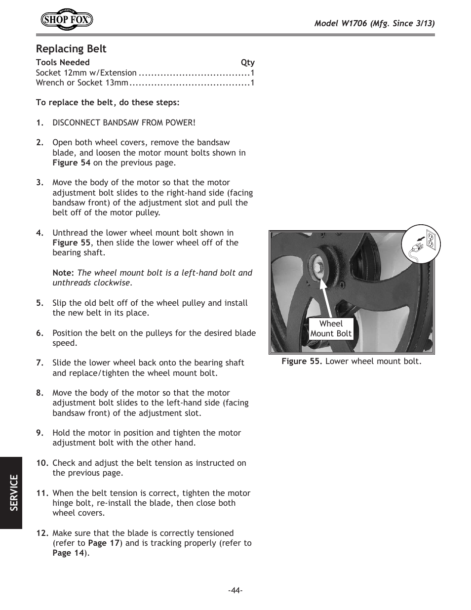 Replacing.belt | Woodstock SHOP FOX W1706 User Manual | Page 46 / 64