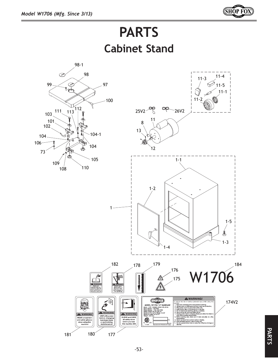 Parts, Cabinet.stand, Pa rt s | Woodstock SHOP FOX W1706 User Manual | Page 55 / 64