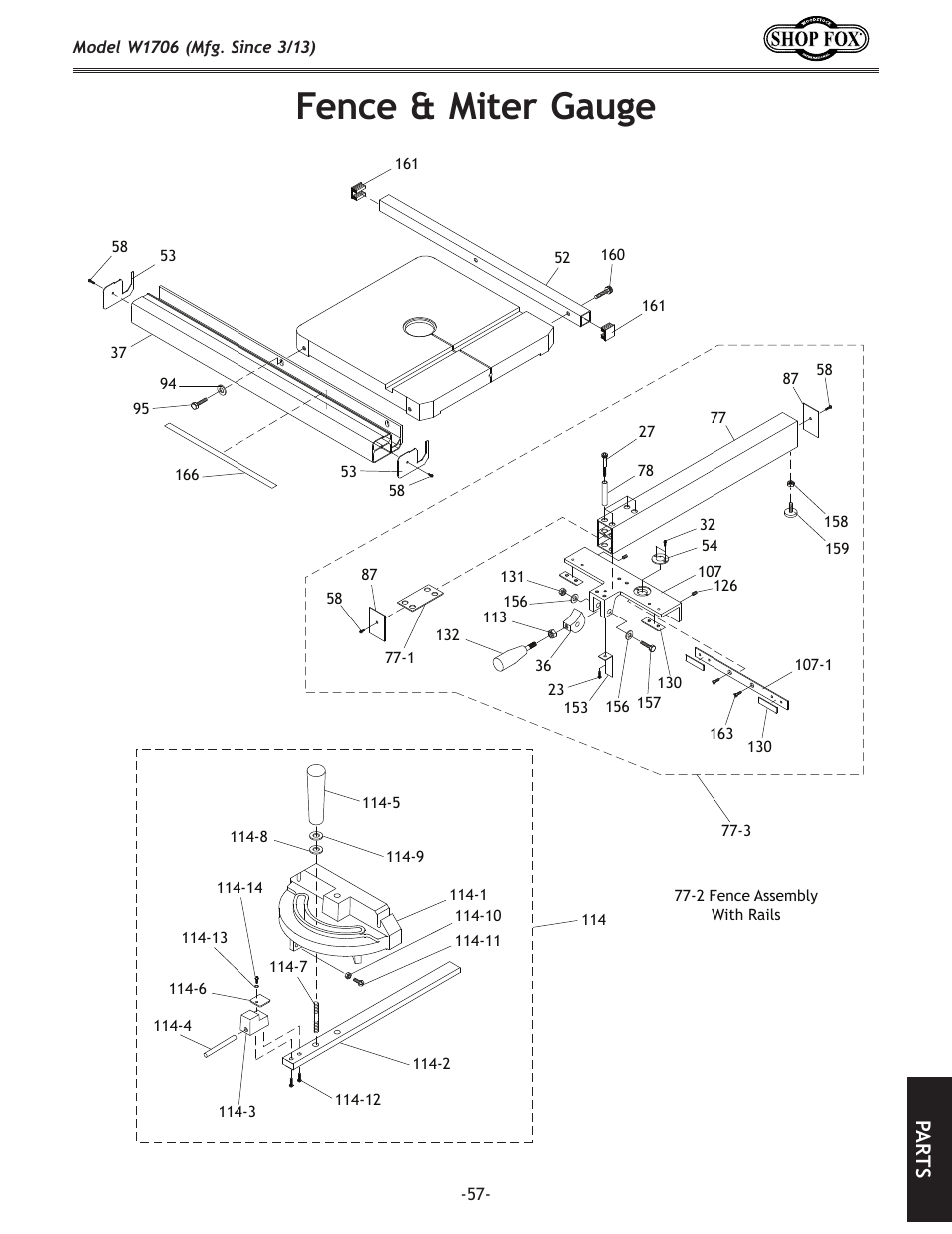 Fence.&.miter.gauge, Pa rt s | Woodstock SHOP FOX W1706 User Manual | Page 59 / 64