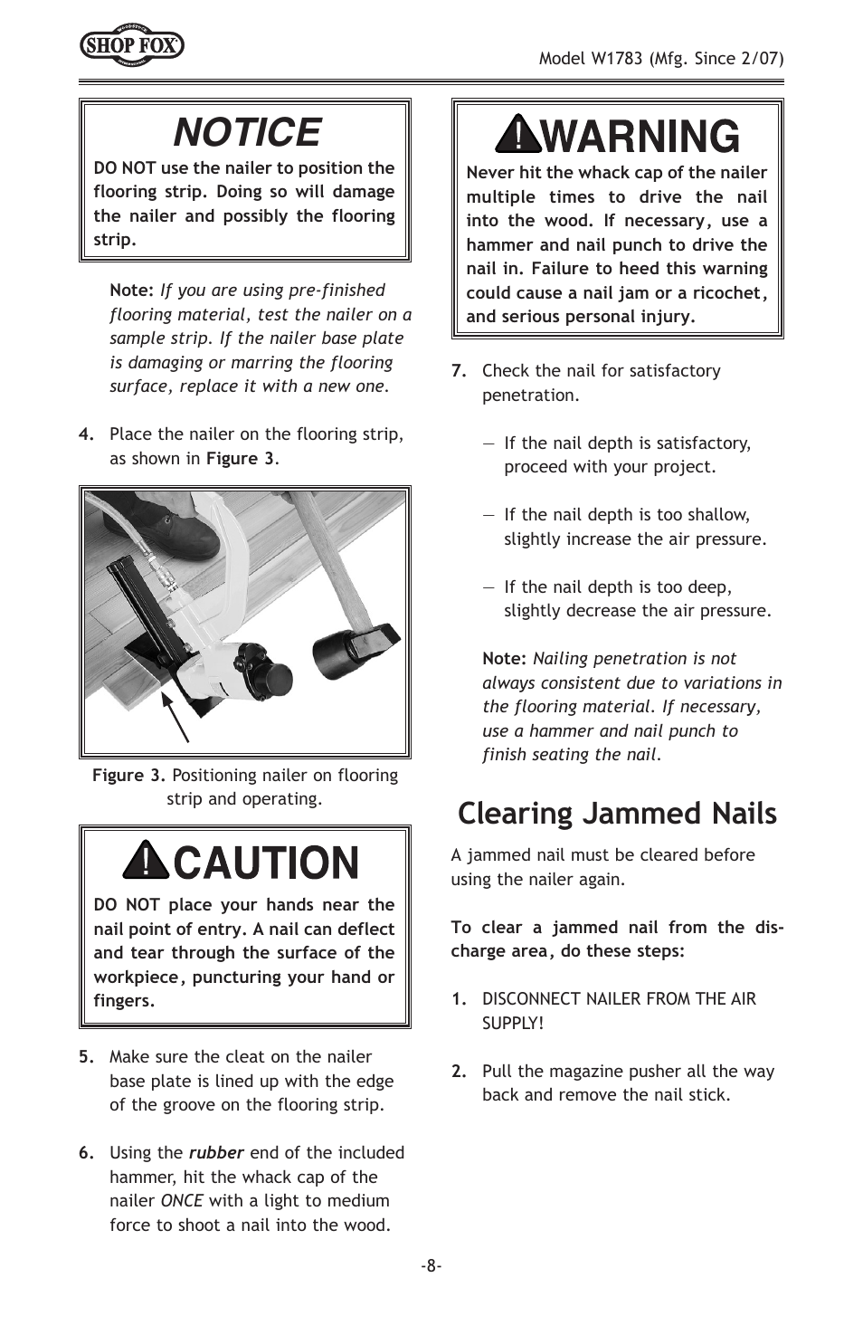 Notice, Clearing jammed nails | Woodstock SHOP FOX W1783 User Manual | Page 10 / 20