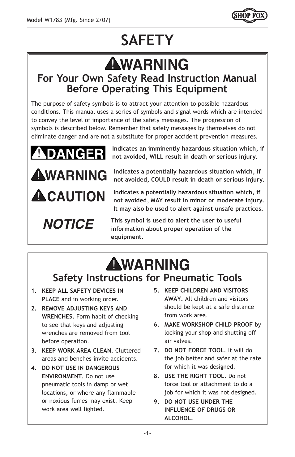 Safety, Notice, Safety instructions for pneumatic tools | Woodstock SHOP FOX W1783 User Manual | Page 3 / 20