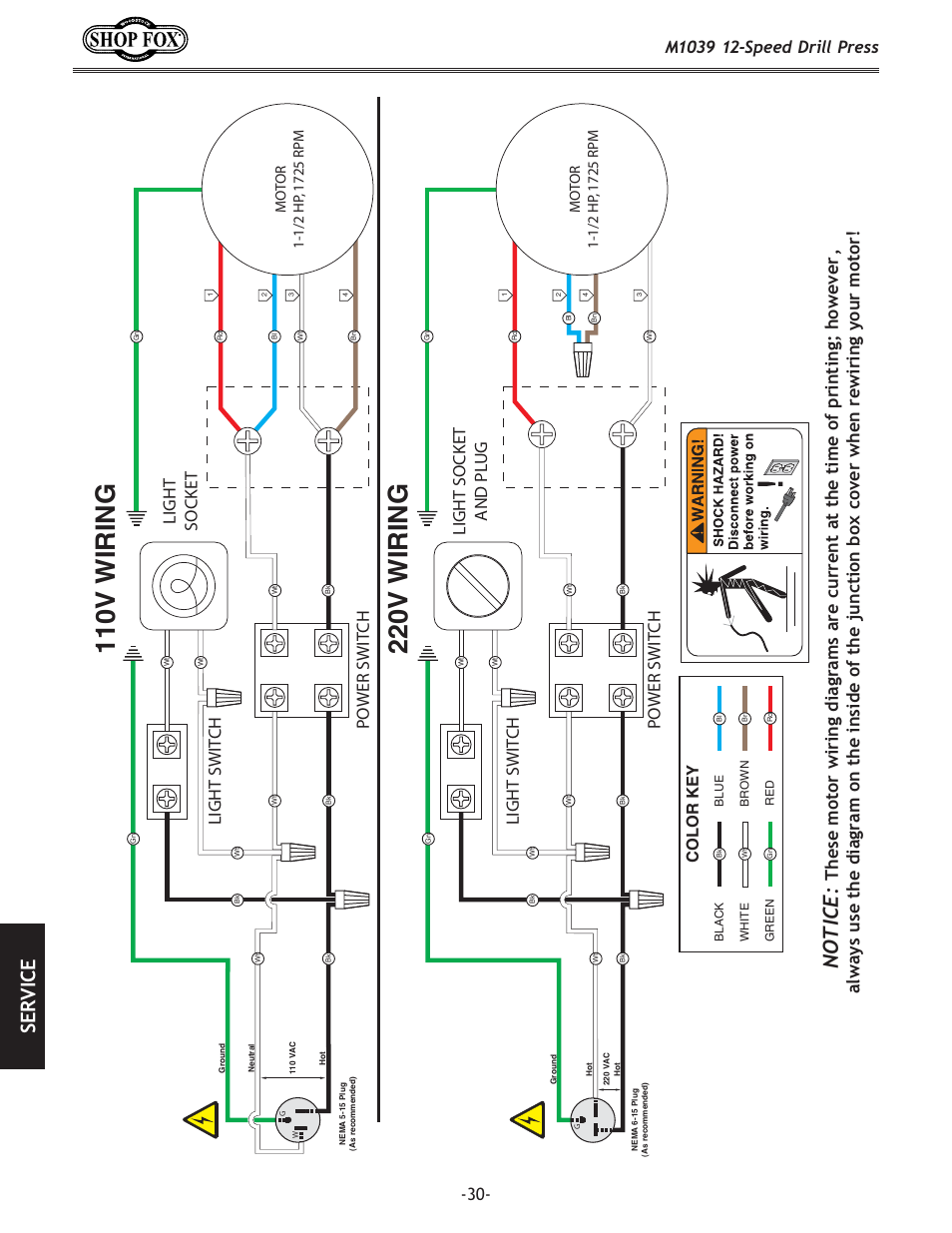 220v wiring, 110v wiring, Efk@:<1 | J<i m, Power swit ch light swit ch light socket and pl ug, Power swit ch light swit ch light socket, D('*0()$jg\\[;i`ccgi\jj, Color key | Woodstock M1039 User Manual | Page 32 / 44