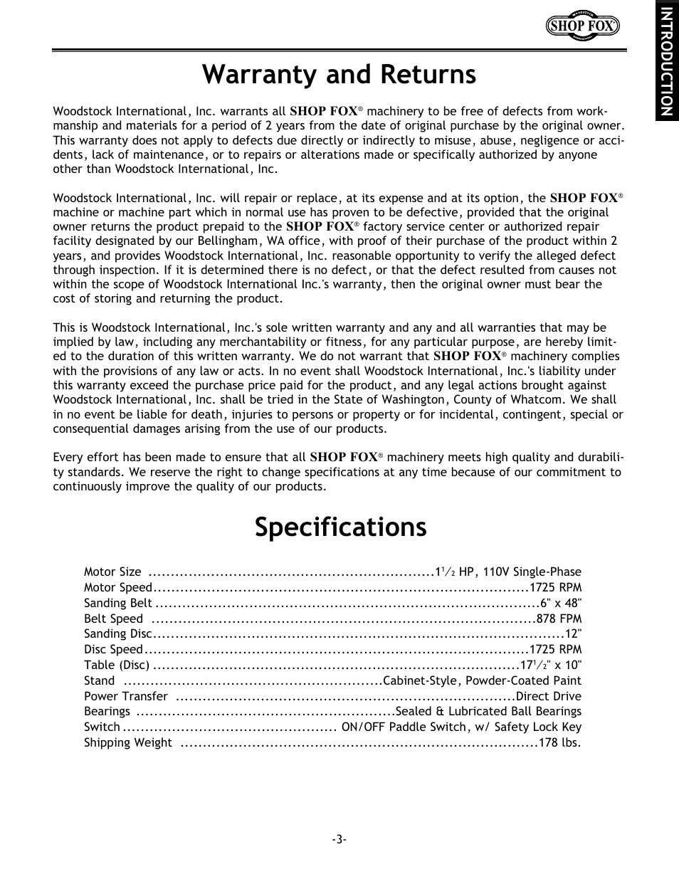 Specifications, Warranty and returns, Introduction | Woodstock SHOP FOX W1712 User Manual | Page 15 / 46