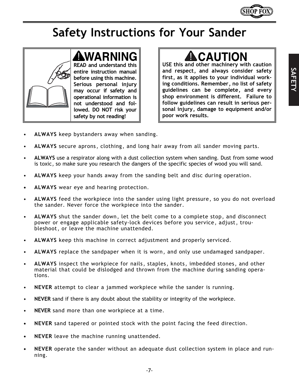 Safety instructions for your sander | Woodstock SHOP FOX W1712 User Manual | Page 19 / 46