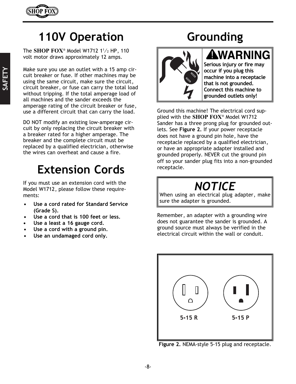 Notice, Grounding extension cords 110v operation | Woodstock SHOP FOX W1712 User Manual | Page 20 / 46