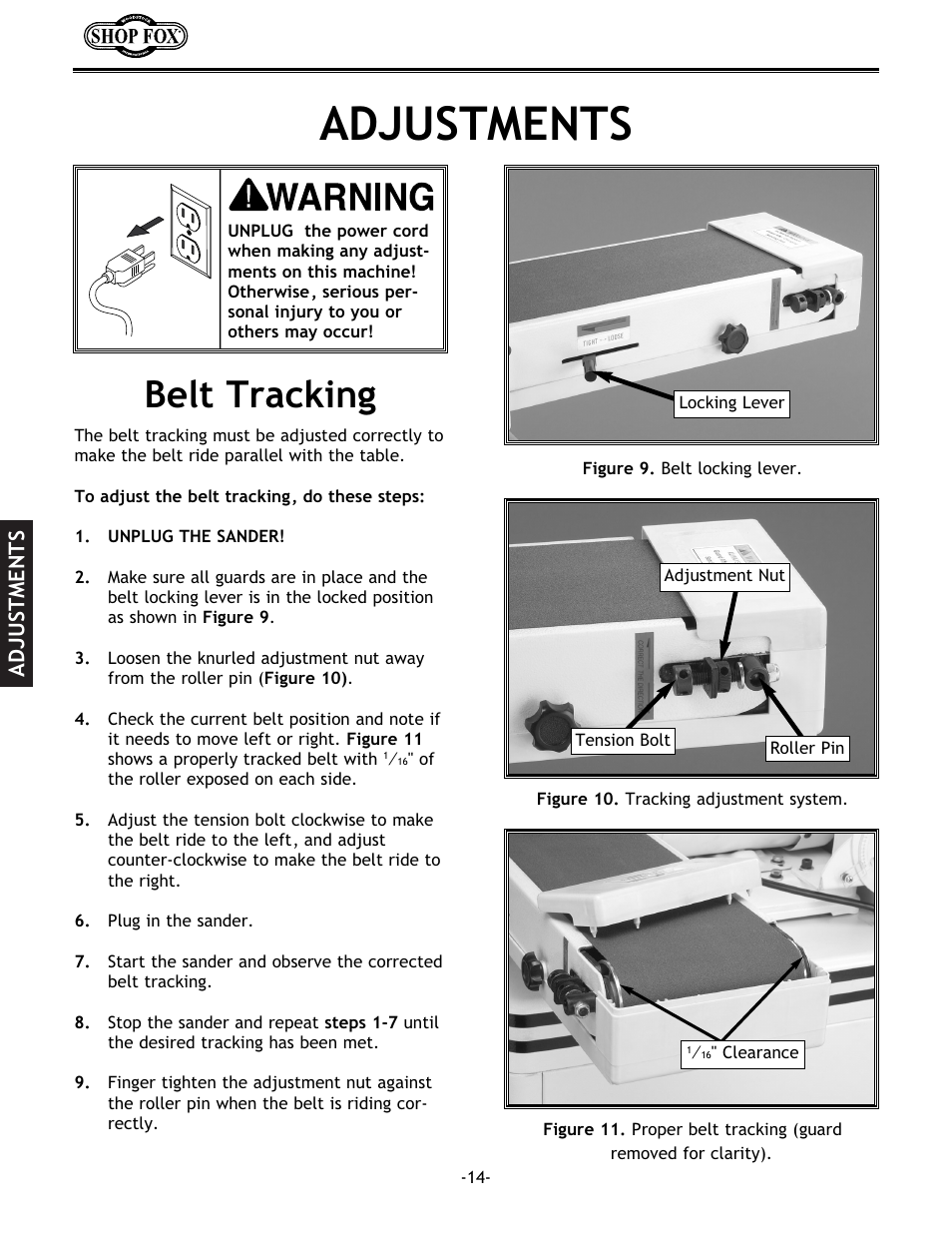 Belt tracking, Adjustments | Woodstock SHOP FOX W1712 User Manual | Page 26 / 46