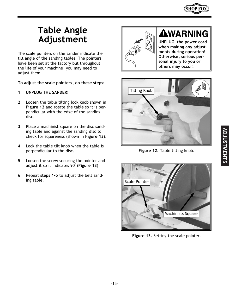 Table angle adjustment | Woodstock SHOP FOX W1712 User Manual | Page 27 / 46