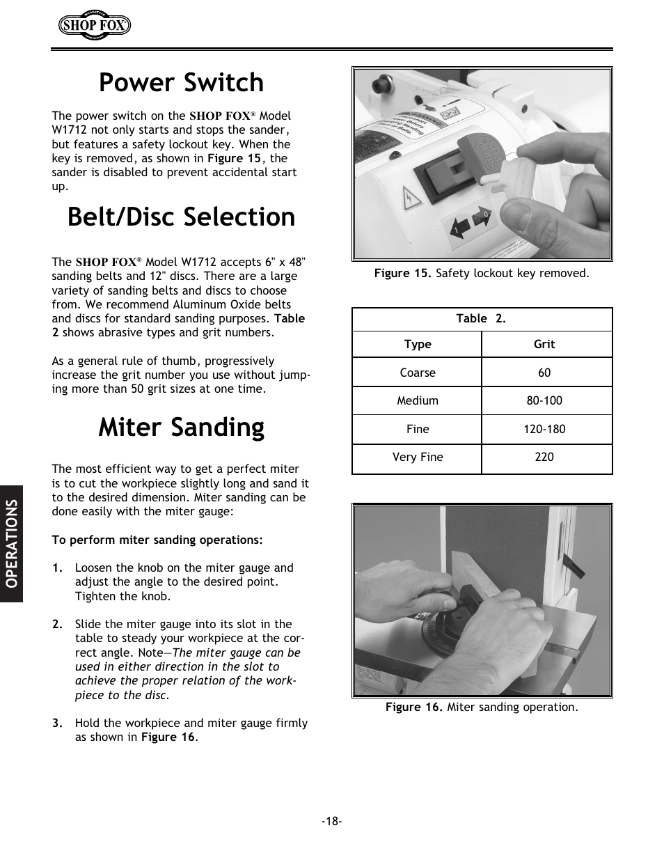 Belt/disc selection power switch, Miter sanding | Woodstock SHOP FOX W1712 User Manual | Page 30 / 46