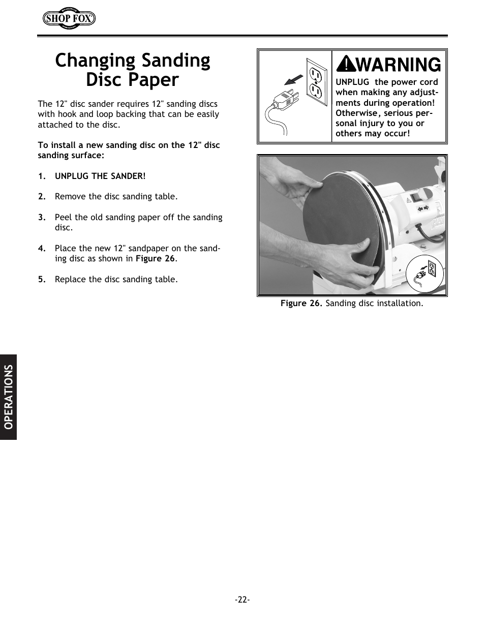 Changing sanding disc paper | Woodstock SHOP FOX W1712 User Manual | Page 34 / 46