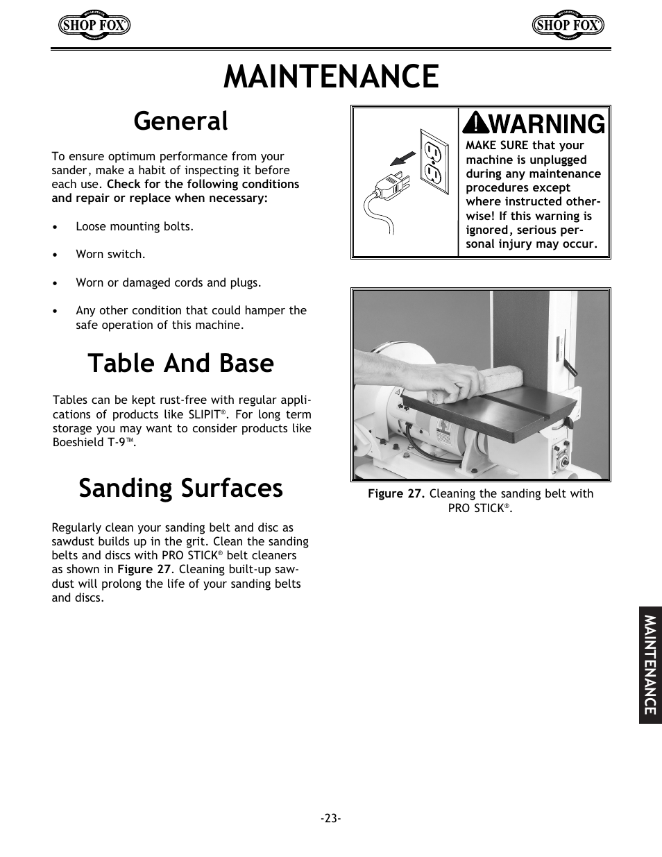 Maintenance, Sanding surfaces general, Table and base | Woodstock SHOP FOX W1712 User Manual | Page 35 / 46
