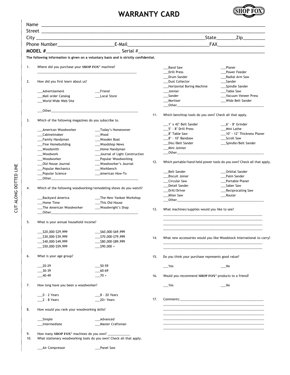 Warranty card, Cut along dotted line | Woodstock SHOP FOX W1712 User Manual | Page 43 / 46
