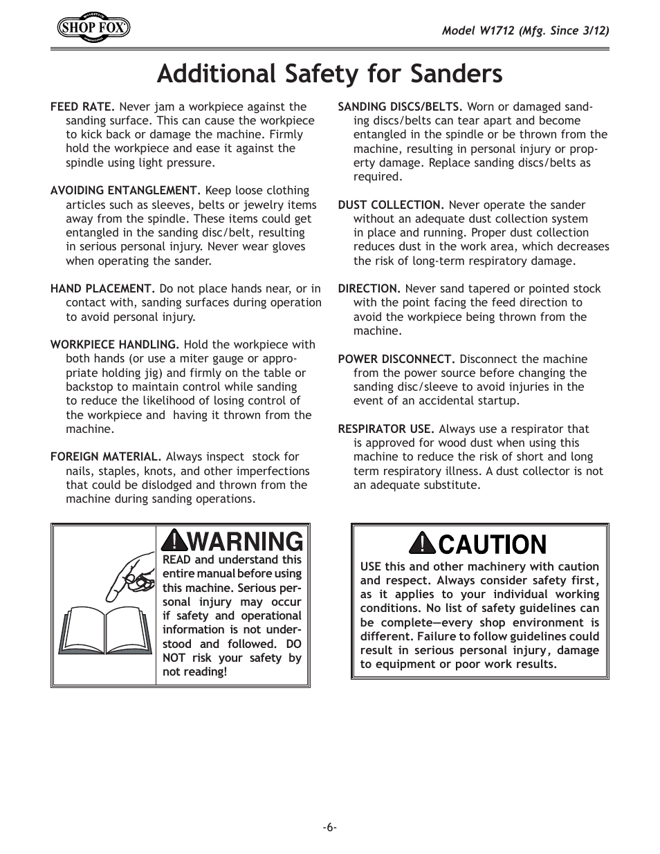 Additional safety for sanders | Woodstock SHOP FOX W1712 User Manual | Page 6 / 46