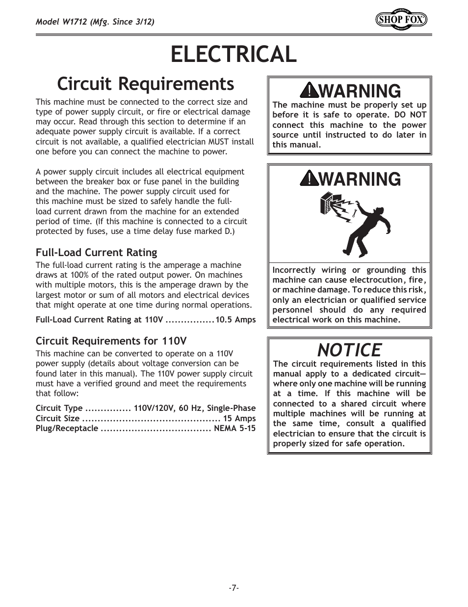 Electrical, Circuit requirements, Notice | Woodstock SHOP FOX W1712 User Manual | Page 7 / 46