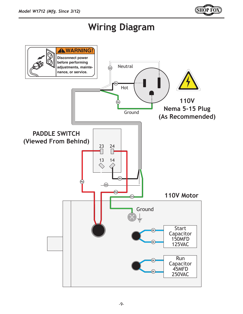 Wiring diagram | Woodstock SHOP FOX W1712 User Manual | Page 9 / 46