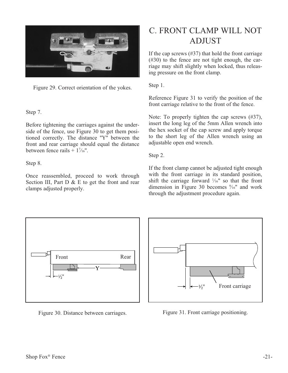 C. front clamp will not adjust | Woodstock International Fox Fense W1410 User Manual | Page 22 / 29