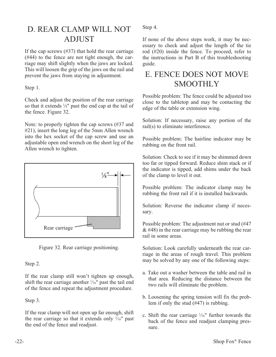 D. rear clamp will not adjust, E. fence does not move smoothly | Woodstock International Fox Fense W1410 User Manual | Page 23 / 29